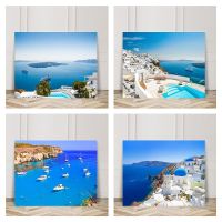 2023 ☾❉☋ Nordic Mediterranean Island Greece Santorini Aegean Sea Landscape Canvas Painting Poster Living Room Home Decoration Background