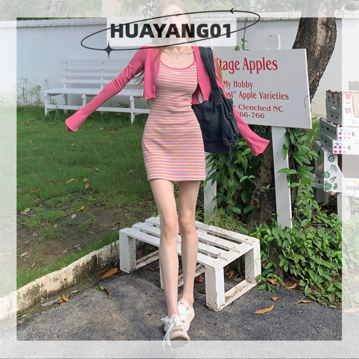 huayang01ชุดมินิเดรสวันหยุดผู้หญิงลายทางสีรุ้ง-เสื้อคาร์ดิแกนเนื้อบางฤดูร้อน2023ฤดูร้อน