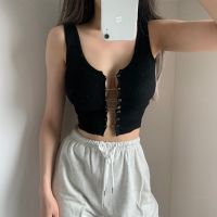 [COD]Summer Big U-Neck Threaded Camisole Women S Hollow Pin Design Cropped Top High Street Fashion Strapless Sleeveless Vest