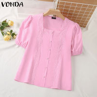 (จัดส่งฟรี)เสื้อลูกไม้แขนพองลำลองสำหรับผู้หญิง Fancystyle VONDA เสื้อเบลาส์สีทึบเอชแบบลำลองสำหรับเดินทางคอเหลี่ยมเสื้อแขนสั้น #2