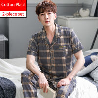 Spring Summer Cotton Pajamas For Men 5XL Plus Size Fashion Plaid Short Sleeve Sleepwear Casual Loose Man Homewear 2PcsSets