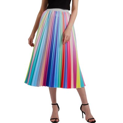 ‘；’ Bohemian Print Peacock Pleated Skirt For Women Vintage High Waist A-Line Elastic Beach Skirts Women Clothes
