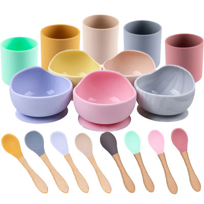 3PCS Set Silicone Bowl Spoon Fork Cup Set Baby BPA Free Waterproof Spoon Non Slip Feeding Silicone Bowl Baby Products