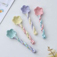 Ice Cream Dessert Spoon Ceramic Long Handle Coffee Spices Stoneware Spoon Cute Kawaii Flower Spoon Kitchen Tableware Accessories Serving Utensils