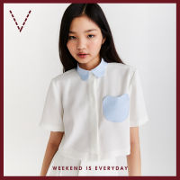 VICKS Peterpan Collar Cropped Shirt  เสื้อเชิ้ต ตัวสั้น ตกแต่งกระเป๋า