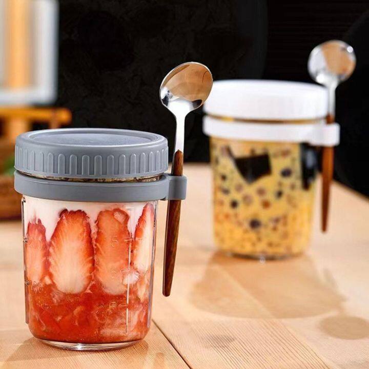 1PC,350ml Overnight Oats Containers With Lid And Spoon,Large Capacity  Airtight Overnight Oats Jars With Measurement Marks, Reusable Glass Cups  For