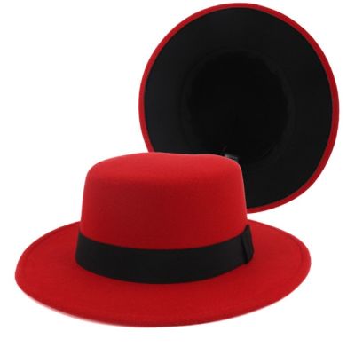หมวกหมวกสักหลาดแบนสีแดง + ดำหมวกมาคารอนปรับแจ๊ส Fedora สีแดงคลาสสิกขนาดใหญ่สีแดง