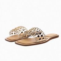 2023 za.raˉ summer new plastic slides transparent rivets flat bottom casual square head all-match slippers for women