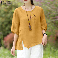 (จัดส่งฟรี)Fancystyle ZANZEA เสื้อยืดผ่าข้างฝ้ายลินินสำหรับผู้หญิงเสื้อสูงต่ำเย็บลายดอกไม้ย้อนยุค #8