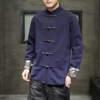 [COD] 2022 spring new Chinese style buckle and linen men large size retro stand collar matching