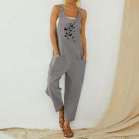 Womens Dungarees Print Rompers  Summer New Ladies Casual Loose Linen Cotton Jumpsuit Sleeveless Pocket Overalls Playsuit