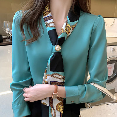 Elegant Fashion Office Lady Bow Solid Chiffon Shirts Women Clothing Spring Autumn Long Sleeve V-Neck Pullover Top Blouses Female
