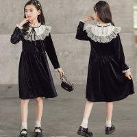 Autumn Winter Girls Dress Black Red Velvet A-line Princess Dresses Costume for Children Lace Neck Elegant Teen Kids Party Gowns