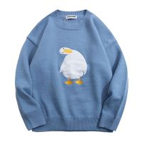 Harajuku Oversized Knitted Sweater Men Cartoon Duck Goose Embroidery Jumpers Japanese Fashion O-Neck Streetwear Couple Unisex