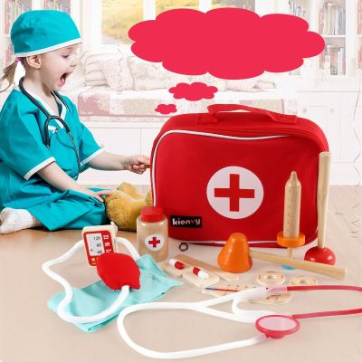 ชุดของเล่นเล่นเป็นหมอสวมบทบาทเป็นไม้สำหรับเด็กชุดเครื่องฟังหัวใจของเล่นพยาบาลสำหรับเด็กผู้หญิง4ปี
