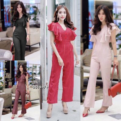 TW9619 Jumpsuit จั้มสูทไหล่ระบายลายริ้ว