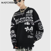 MAYCHEER เสื้อสเวตเตอร์สีดำวินเทจของผู้ชายดีไซน์หลวม Atasan Bahan Rajut เฉพาะ