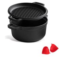 Pre Seasoned 2-In-1 Multi-Cooker Cast Iron Dutch Oven With Lid, Cast Iron Pots Deep Pot + Frying Pan For Frying, Cooking, Baking &amp; Broiling, 5 QT Perfect for Kitchen, Indoor and Outdoor