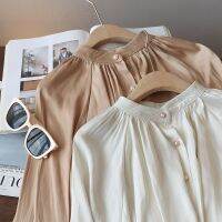 ℗❏ Gentle retro shirt Acetate imitation satin texture small stand-up collar long-sleeved shirt womens lantern sleeve simple top