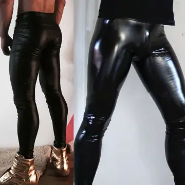 Women Shiny Silver Gold Leggings High-Waisted Faux Leather Stretch