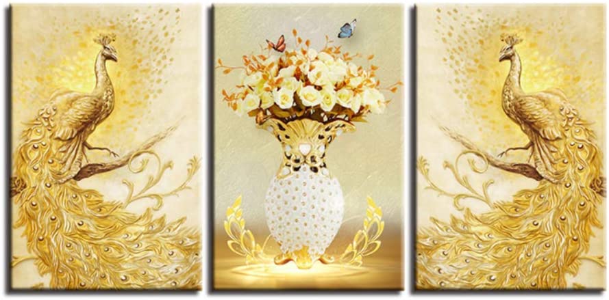 3 Piece Golden Peacock Couple Flower Painting On Canvas Print Home Decoration 