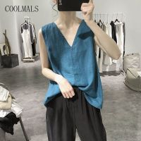 COOLMALS เสื้อกั๊กคอวีคอตตอนและผ้าลินินของผู้หญิงเสื้อกั๊กสีทึบทรงหลวมกระชับสัดส่วนสไตล์เกาหลี