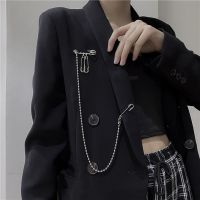 【YF】 Duplo Pin Clip Chain Broche para Homens e Mulheres Pingente Punk Japão Coréia Street Ins Longo Peito de Metal Acessórios da Moda