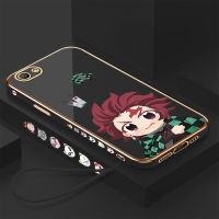 เคสสำหรับ OPPO A59 F1S (ฟรีสายคล้อง) การ์ตูนอะนิเมะสังหารปีศาจ Tanjiriou ปลอกลวดลายขอบสี่เหลี่ยมชุบเคสโทรศัพท์หรูหราชุบเคสโทรศัพท์นิ่ม