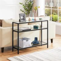 Alden Design Modern Glass Entryway Console Table with Shelves  Black table console Edge Corner Guards