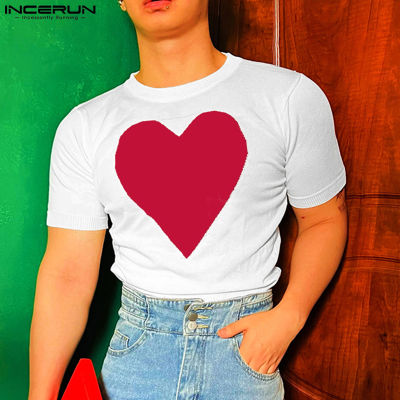 INCERUN เสื้อยืดคอกลมลายหัวใจสำหรับผู้ชายเสื้อยืดพื้นฐาน (สไตล์เกาหลี)