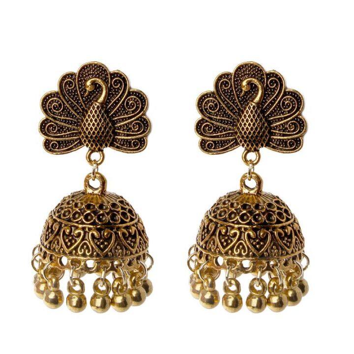 boho-vintage-นกยูง-jhumka-ชาติพันธุ์อินเดีย-bollywood-เผ่ายิปซีต่างหูระย้า