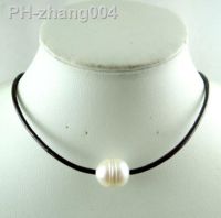 brown Genuine Leather white Freshwater Pearl Handmade Jewellery Necklace R66