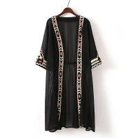 DkunhuiLC Fashion Womens Black White Color Geometric Embroidery Ethnic Shirt Cardigan Summer Sunscreen Kimono Loose Blouses 2022