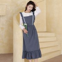 Womens Kitchen Cleaning Home Apron Long Washed Cotton Solid Color Breathable Casual Aprons Women Household Goods Dress Aprons