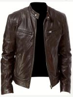 NianMiao Chic PU Jacket, Mens Casual Solid Color Zip Up Stand Collar Faux Leather Jacket For Spring Fall