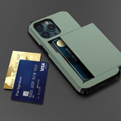 [สินค้าใหม่ในสต็อก] เกราะกรณีโทรศัพท์สำหรับ iPhone 13 Pro 11 12 Pro Max XR X XS Max 14บวกกระเป๋าสตางค์สไลด์บัตรเครดิตผู้ถือสล็อต C Oque F Unda กันชน