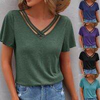 ▦►  Loose Fitting Womens Short Sleeve T-shirt 2023 Summer New V-neck Solid Color  Women Tops Casual Tees S-5XL