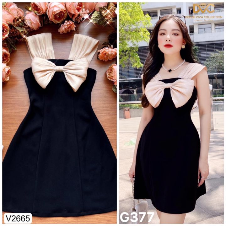 Đầm váy đen nơ 2 dây bản to phom dáng chuẩn đẹp lụa G377 | Lazada.vn