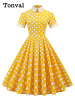 KKTonval er Pan Collar Vintage Elegant Polka Dot 50S ชุดเดรสสำหรับผู้หญิงแขนสั้นกระเป๋า A-Line Midi ชุด2023ใหม่ Inq11