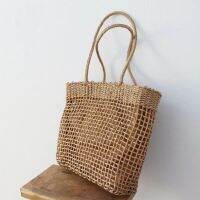 Trendy paper grass woven bag hollow grid retro literary and artistic forest simple beach bag vacation leisure womens bag 〖WYUE〗