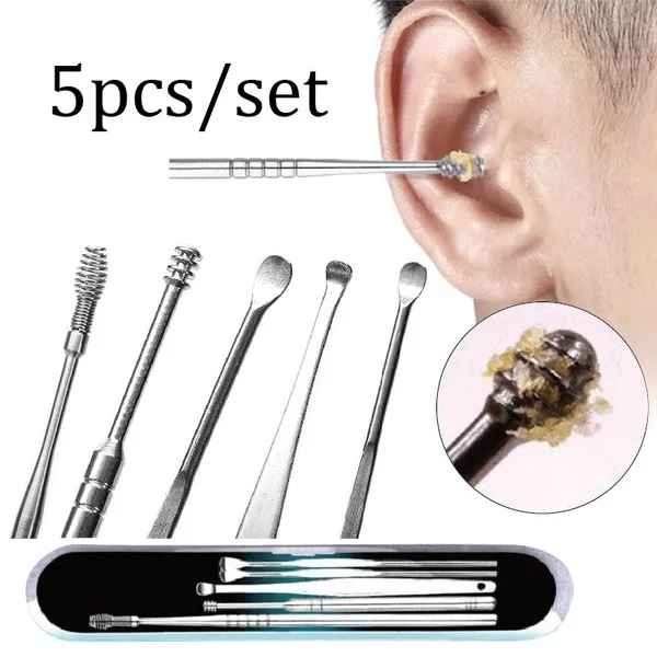 GST 5pcs/set Stainless Steel Ear Wax Picker Wax Remover Curette Earpick