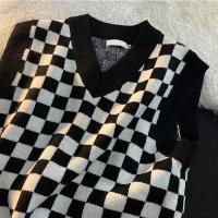 เสื้อกั๊กคอวีถักผู้หญิง Checkerboard คอวีเสื้อด้านบน