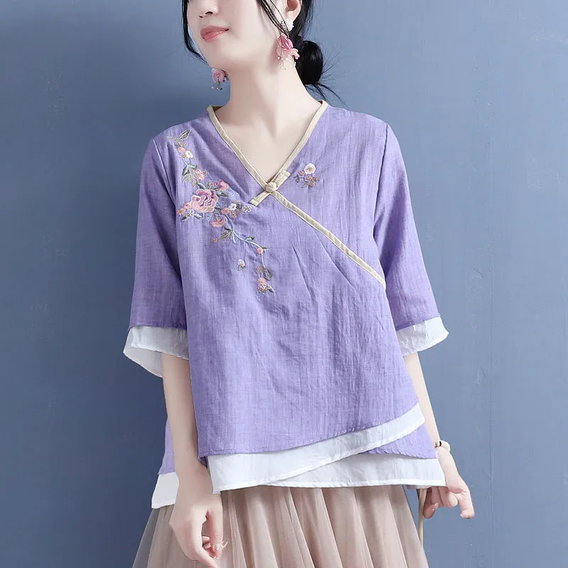 áo Sơ Mi Nữ Tay áo Thêu Xéo Bằng Vải Cotton Và Vải Lanh Áo Kiểu