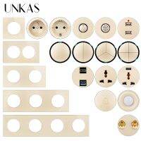 ❂❃ UNKAS DIY Free Combination 1 2 3 4 Gang 1 / 2 Way Click On / Off Light Switch Dual USB Doorbell Gold Glass EU French Socket