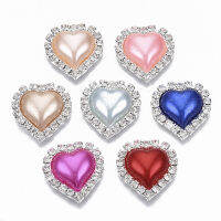 10pc Brass Cabochons with Crystal Rhinestone &amp; ABS Plastic Imitation Pearl Heart Silver Mixed Color 22.5x21.5x6mm