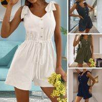 ✜ Watermark82ukt8uk Romper Drawstring Up Color V Neck Sleeveless Bodysuit Above Knee Length Female