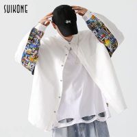 Suikone เสื้อเชิ้ตผู้ชายแฟชั่นสไตล์เกาหลีประกบพิมพ์และย้อมสีอินเทรนด์แบรนด์แจ็คเก็ตแขนยาวหลวมอินสไตล์คู่เสื้อลำลอง