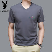 ROV363ผ้าฝ้ายบริสุทธิ์แท้ Playboy V คอสั้นเสื้อยืดผู้ชายเสื้อกล้ามไก่คออินเทรนด์ครึ่งแขนเสื้อยืดฤดูร้อนหลวม