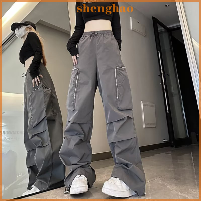 shenghao กางเกงคาร์โก้ร่มชูชีพสีดำมีกระเป๋าโอเวอร์ไซส์ของผู้หญิงกางเกงขากว้างมีซิปสีดำสำหรับ Y2k