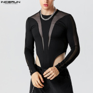 INCERUN Mens Long Sleeve See Through Mesh Jumpsuit Casual Plain Fitting